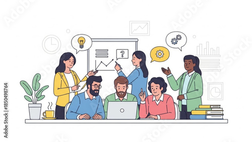 Diverse team collaborating on a business strategy presenting ideas with charts and graphs on a whiteboard for modern corporate presentations and web design