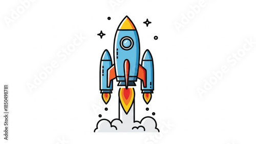 Cartoon rocket ship launching with fiery exhaust and smoke flat vector illustration for space exploration and startup concepts isolated on white