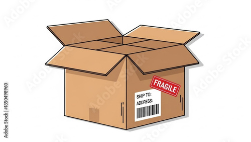 Open cardboard box with fragile sticker and shipping label ready for delivery isolated on white background