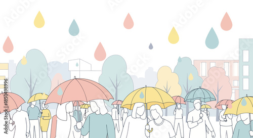 People walking with colorful umbrellas on a rainy day in the city.