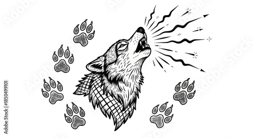 Graphic illustration of a howling wolf with paw prints.