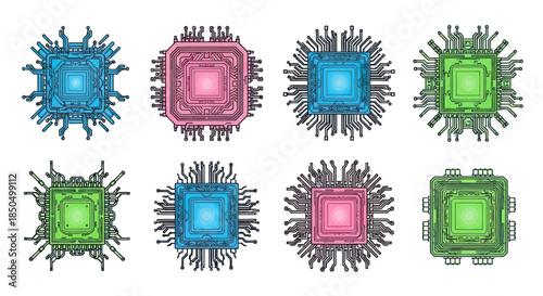 Set of colorful microchip icons for computer technology and digital innovation