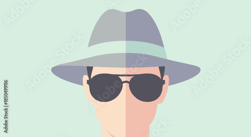 Flat design illustration of a mysterious anonymous person wearing a fedora and sunglasses.