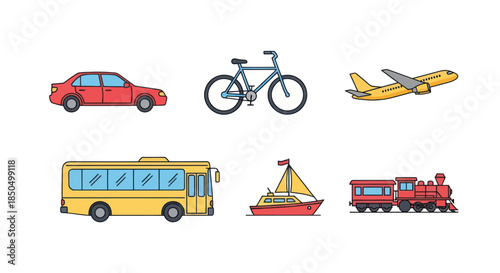 Diverse flat vector icons of various modes of transportation and vehicles.