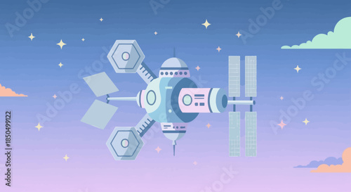 Illustration of a futuristic space station orbiting in a starry outer space.