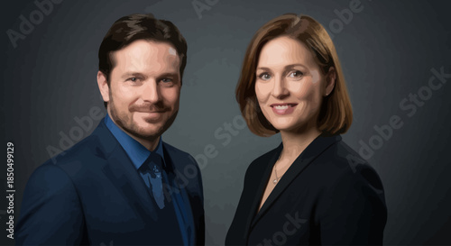 Professional man and woman smiling together in a studio portrait.
