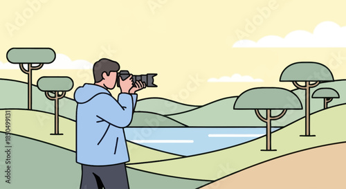 Photographer capturing a scenic outdoor landscape with a lake.