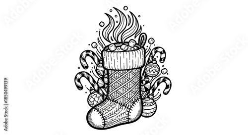 Doodle art of a Christmas stocking filled with a cozy hot drink and holiday treats.