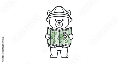Cute cartoon bear wearing safari hat looking at a world map.