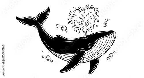 Black and white cartoon whale spouting water and bubbles