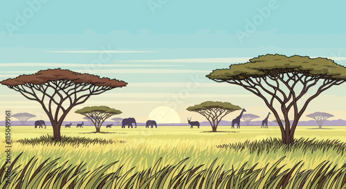 African savanna landscape with wildlife silhouettes at sunrise.