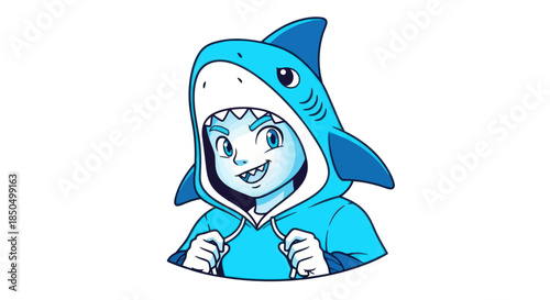 Playful cartoon character in a blue shark costume smiling