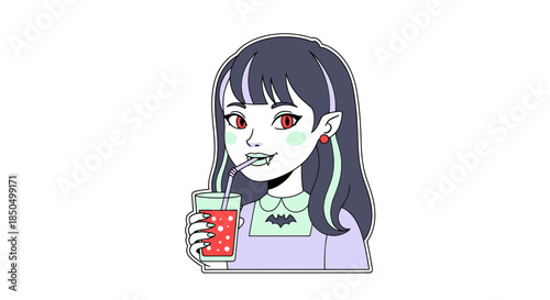 Cute vampire girl with fangs drinking red juice through a straw.