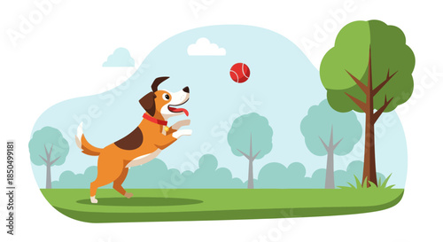 A happy cartoon dog jumps to catch a red ball in a sunny park.