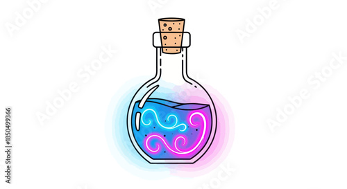 Vibrant magic potion in a glass bottle with cork stopper.