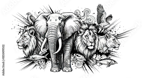 Striking black and white wildlife collage featuring various animals