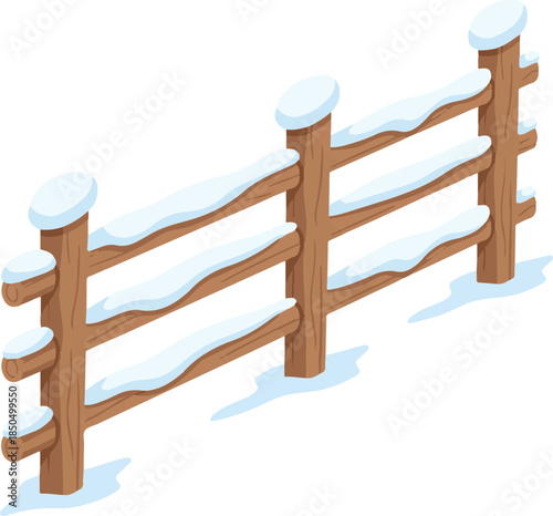 Vector illustration of a brown wooden post-and-rail fence covered in layers of white snow, presented in an isometric view representing a winter countryside scene.