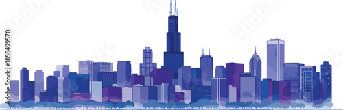 Chicago skyline vector, Willis Tower silhouette, urban cityscape, iconic architecture, blue gradient buildings, USA landmark, modern city illustration