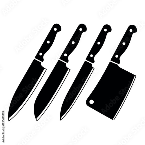 Black silhouette of a sharp kitchen knife isolated on white background