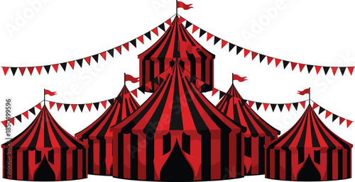 Circus tent vector, red and black stripes, festive carnival setup, entertainment pavilion, flags, silhouette illustration, traditional circus architecture