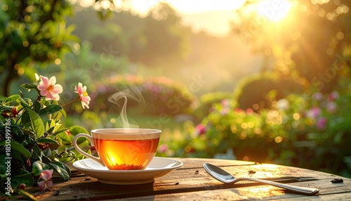 Steaming cup of tea sits on a table overlooking a sunlit garden