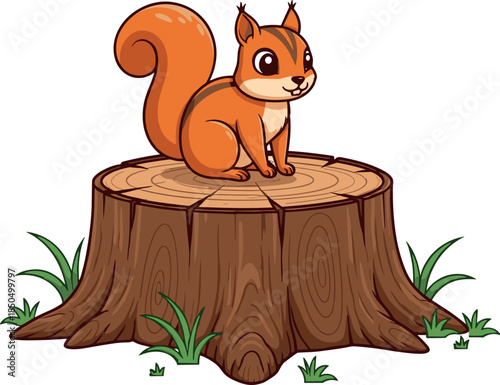 Cute Cartoon Red Squirrel Sitting on a Wooden Tree Stump, Adorable Forest Animal Character Vector Illustration for Kids and Nature.