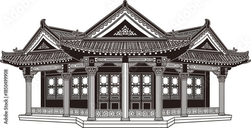 Traditional Chinese temple silhouette, ornate roof, ancient architecture, East Asian pavilion, cultural heritage, black and white vector, historical landmark illustration