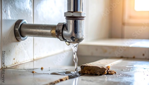 Close-up of a leaky metallic pipe in a kitchen, water dripping onto a messy countertop, near a window