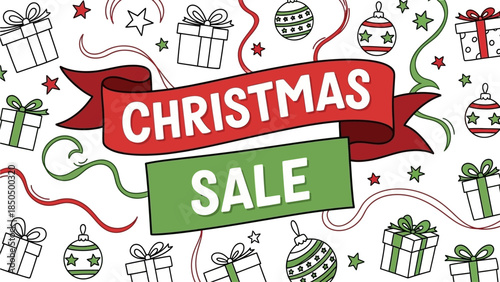 A festive holiday sale banner with gift boxes and ribbons