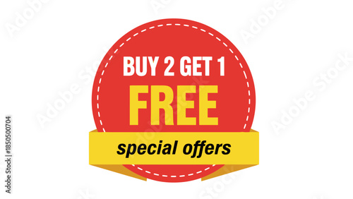 Promotional offer sticker with buy two get one free deal on a white background