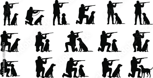 Set of hunter silhouettes holding shotguns aiming with hunting dogs isolated on white background for outdoor sport vector illustration design element collection.