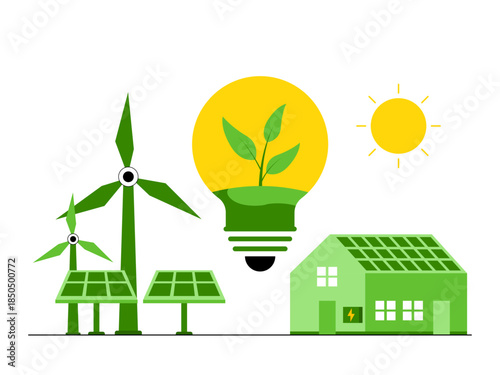 Solar panels on the ground and on a house, which capture sunlight and convert it into electricity. Green energy vector illustration. Flat illustration concept.	