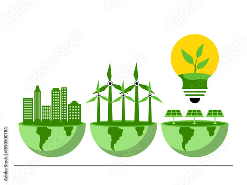 Solar and wind power are widely recognized as the primary types of clean renewable energy to address the climate crisis. Green energy vector illustration. Flat illustration concept.	