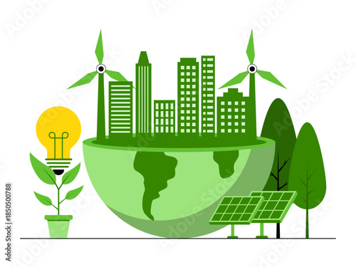 Sustainable or green city include renewable energy sources, green infrastructure, eco-friendly, environmental well-being. Green energy vector illustration. Flat illustration concept.	