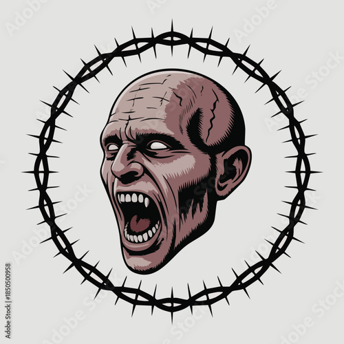 Screaming zombie head enclosed by barbed wire circle.