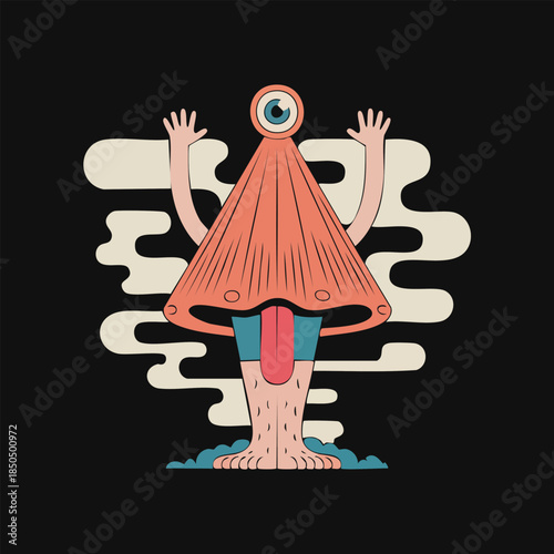 Single eyed cartoon monster with red cloak.