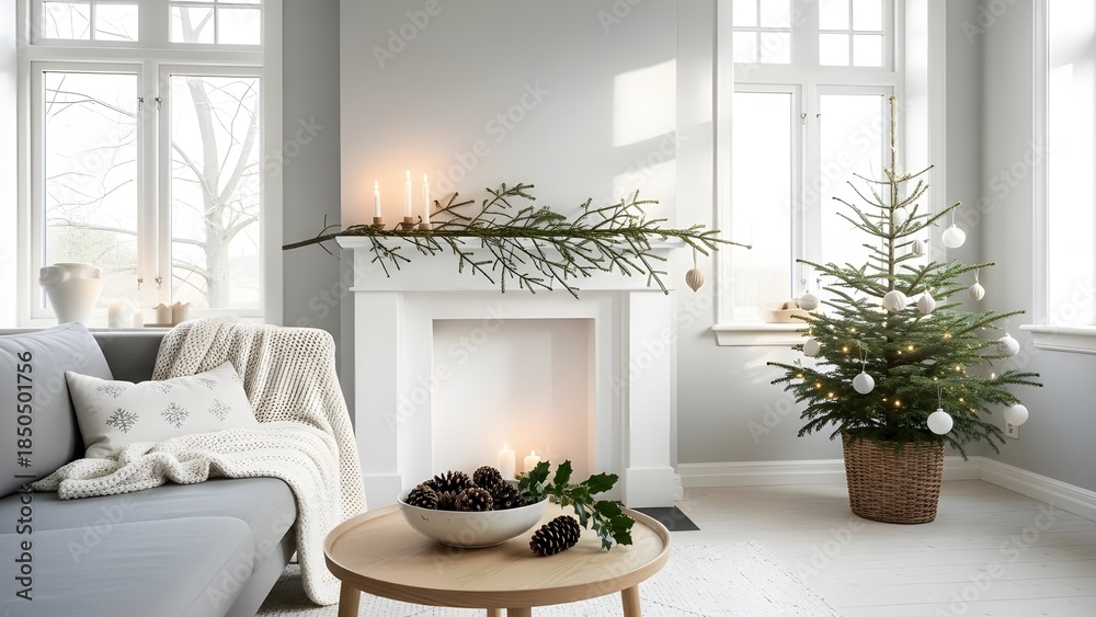 Fototapeta premium Cozy winter living room with Christmas tree and fireplace