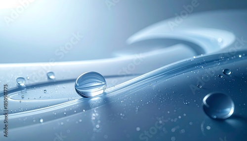 Close-up of glossy, flowing, curved, light-blue surfaces with transparent, spherical water droplets. Soft lighting and smooth gradients