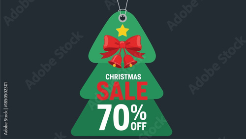 A green Christmas tree-shaped promotional graphic with a red bow and 70 percent off sale text, viewed from the front against a dark background.
