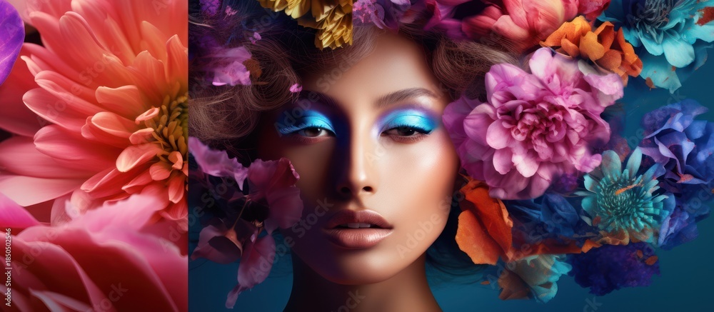 Naklejka premium Floral Fantasy - A Woman Adorned with Flowers and Vibrant Makeup.