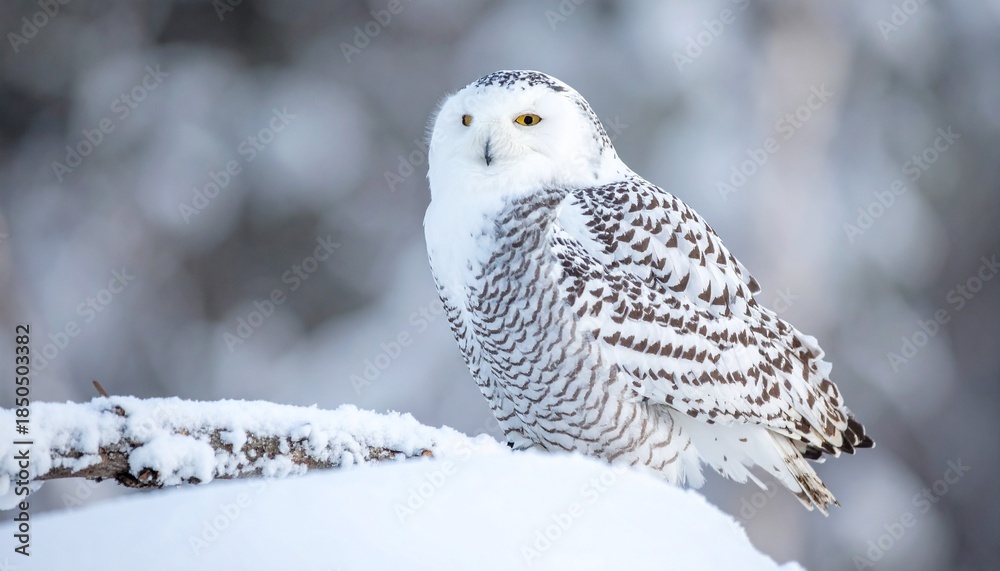 Fototapeta premium A snowy owl perched on a snow-covered branch. Generative AI