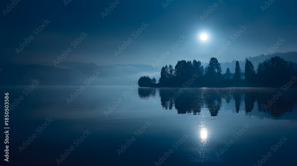 Obraz premium Moonlit Serenity - A Tranquil Lake Scene at Night.