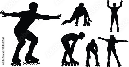 Inline skating silhouette vector illustration set, adult man rollerblading in various dynamic poses and actions, professional extreme sports figure collection,  