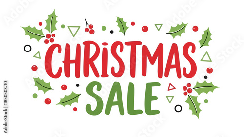Festive Christmas sale illustration surrounded by holly leaves and decorative elements