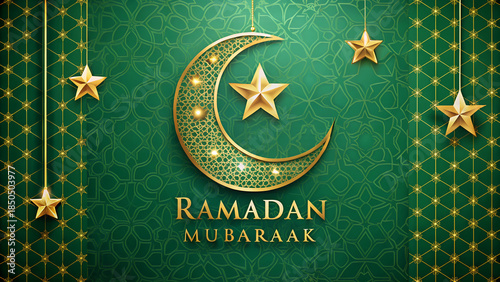 Ramadan Mubaarak greeting with golden crescent moon and hanging stars on green patterned background