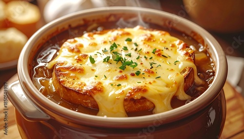 Wallpaper Mural A close-up of a French onion soup with melted cheese. Generative AI Torontodigital.ca