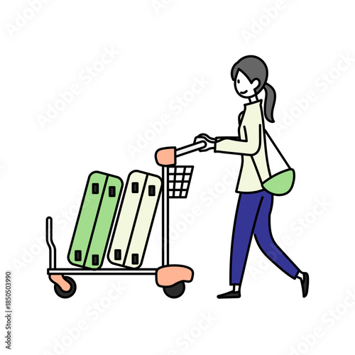 空港でスーツケースを載せたカートを押して移動する女性を描いたシンプルな人物イラスト｜旅行や出張の出発や到着のシーンを想起させる空港利用者の様子を表現したデザイン素材