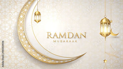 Ramdan mubaraak elegant 3d golden crescent moon with lanterns and islamic pattern