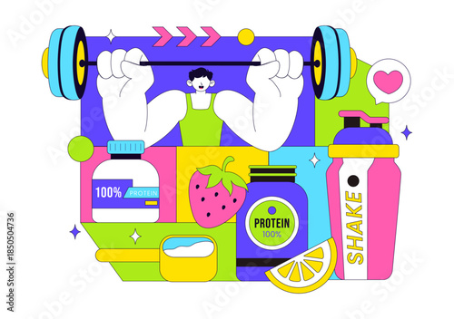 Protein Supplements Vector Illustration Featuring Healthy Food, Protein Powders, Fitness Workouts Supporting Nutrition And Body Vitamins