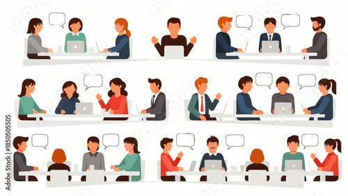 Diverse group of people in business meetings, collaborating and communicating effectively